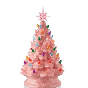 Hand Painted Pink Ceramic Christmas Tree Pre-Lit with Star